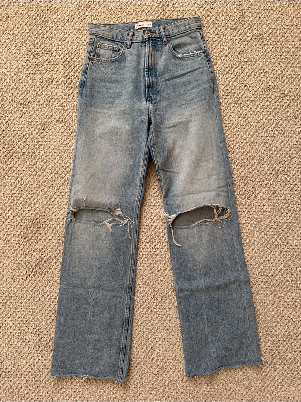 Zara Light Blue Wide Legged Jeans with Knee Rips